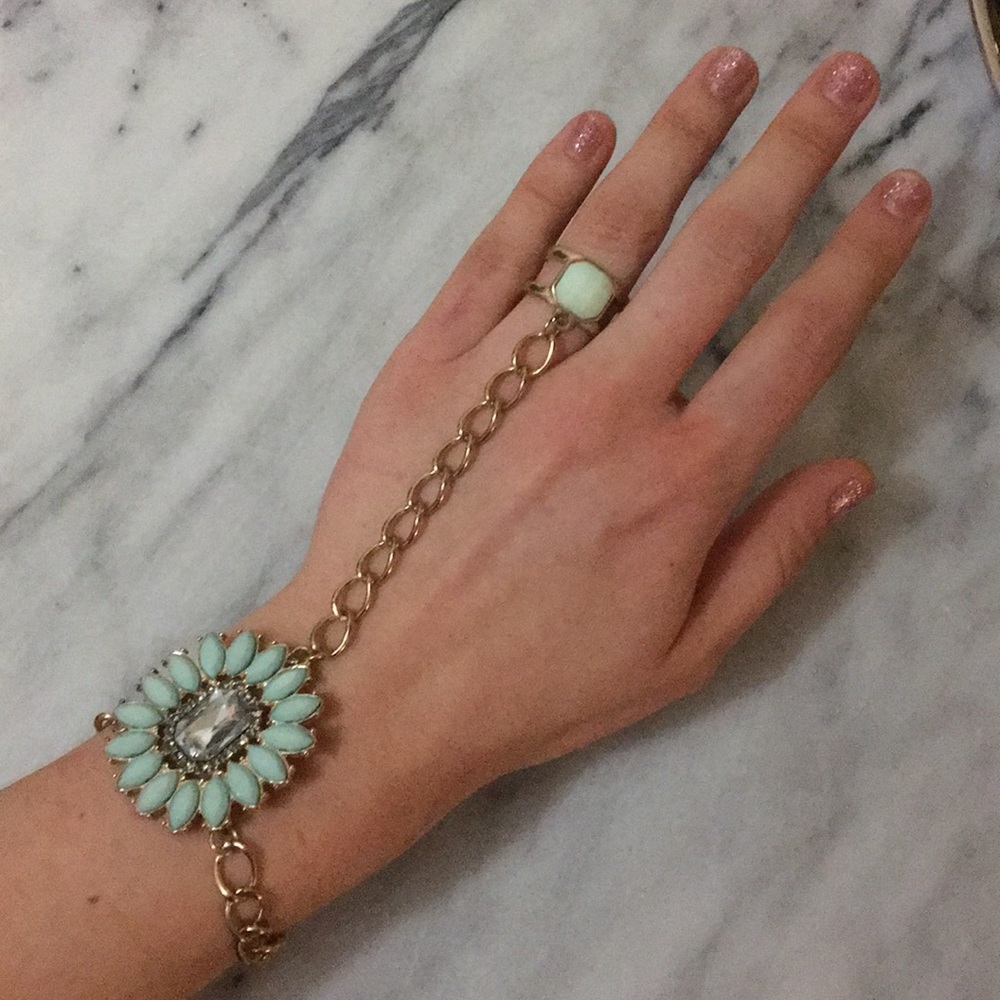 Mint and blue floral stone bracelet with ring